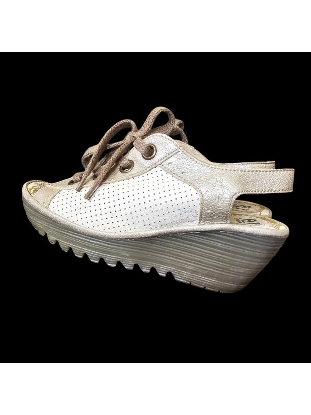 FLY LONDON Yuta Leather Peep Slingback Lace Wedge Heel Sandals Szโ 39 Sz 8 8.5